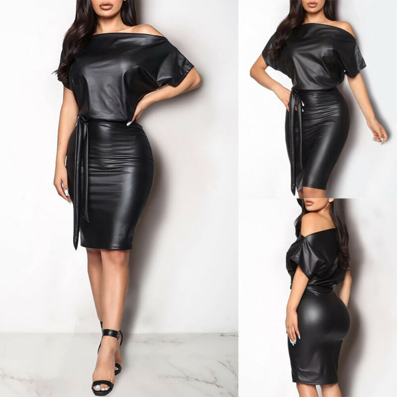 She's Sexy Faux Leather Off Shoulder Midi Dress