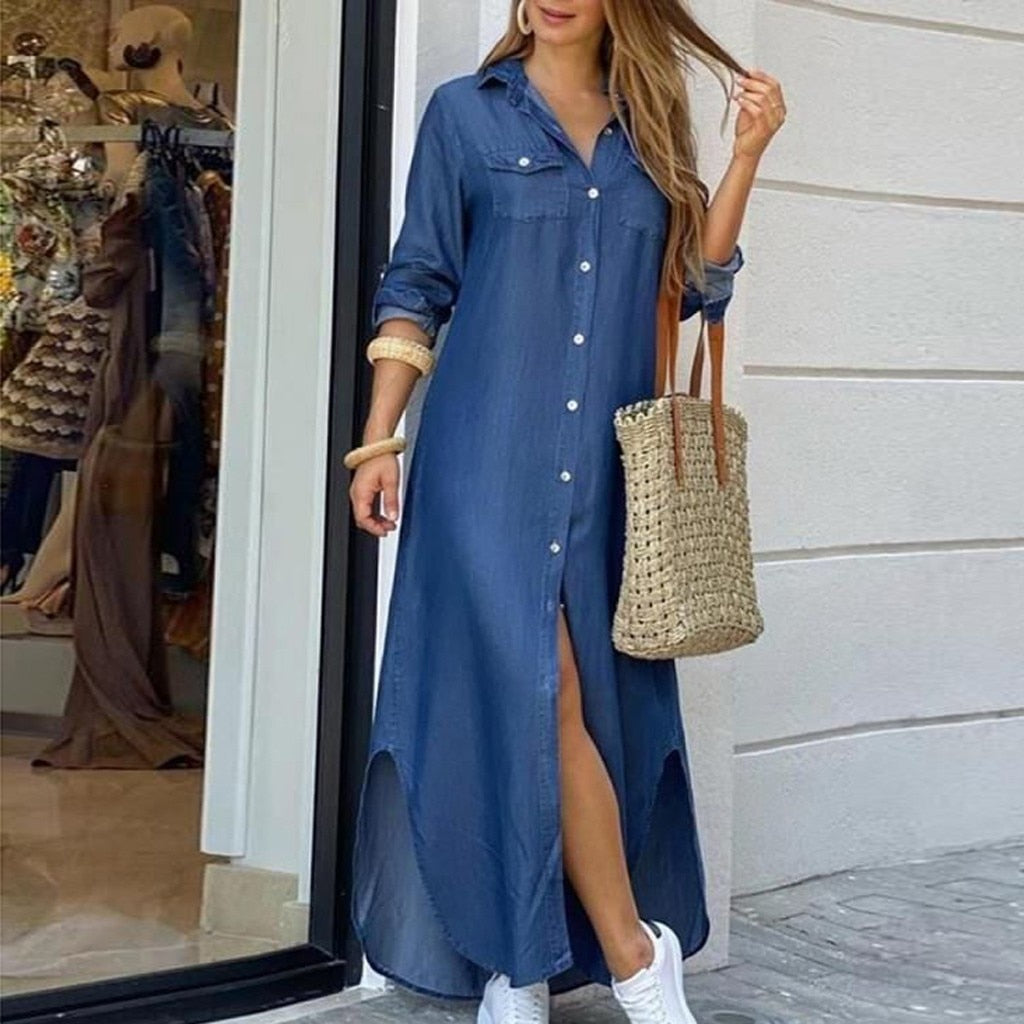 She's Subtle Long Sleeve Demin Shirt Dress