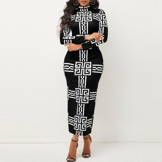 She's Classy Vintage Print Long Sleeve Bodycon Dress