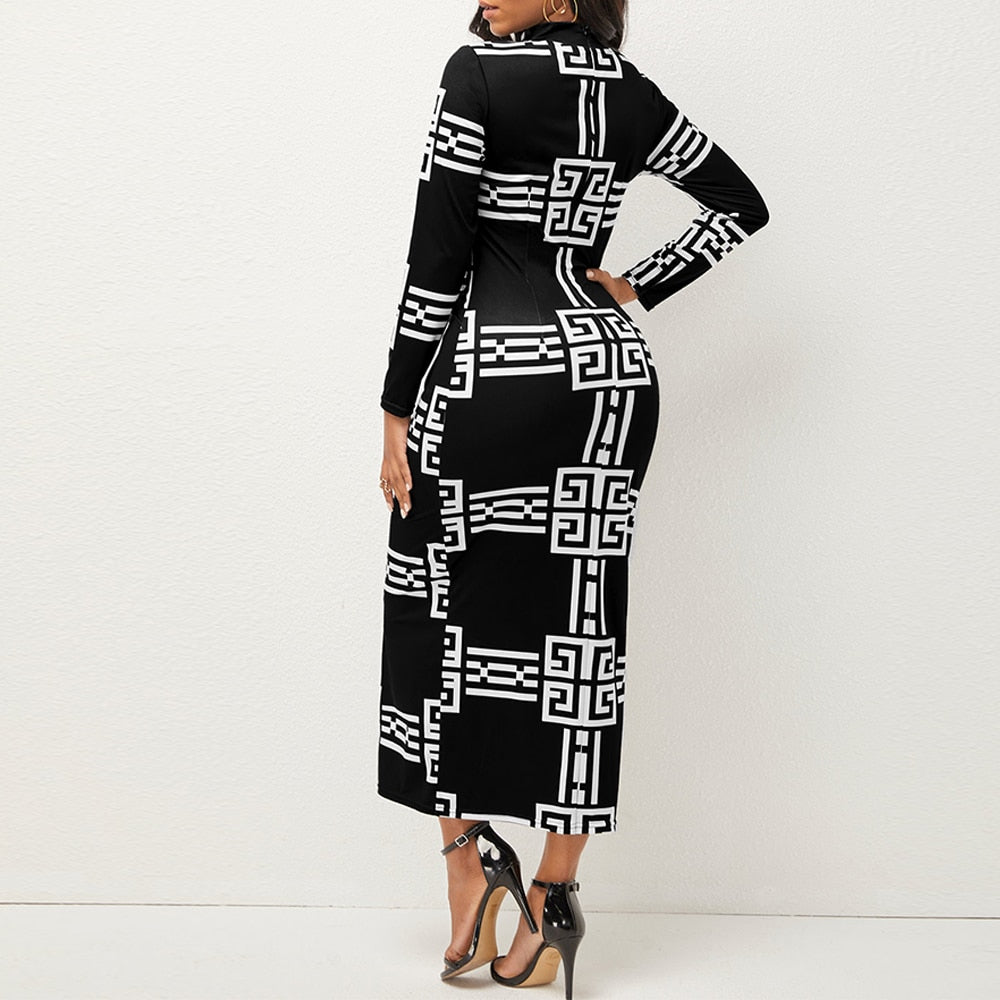 She's Classy Vintage Print Long Sleeve Bodycon Dress