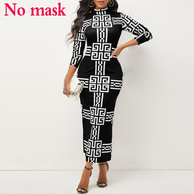 She's Classy Vintage Print Long Sleeve Bodycon Dress